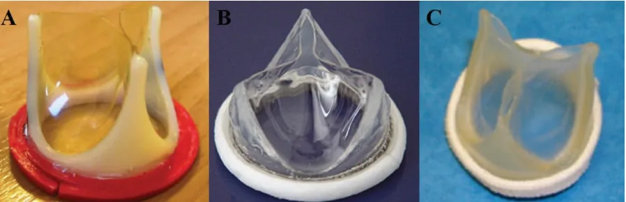 Figure 8.  Polymeric heart valves; (a) polymeric valve designed by the University of Strathclyde with Elast-Eon leaflets (b) the ADIAM Polycarbonate urethane valve90 and the (c) POSS-PCU valve developed at University College London.91  