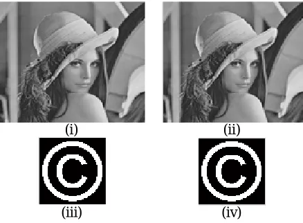 Figure 1: (i) Host image (ii)Watermarked image (iii)Watermark image (iv)Extracted watermark  