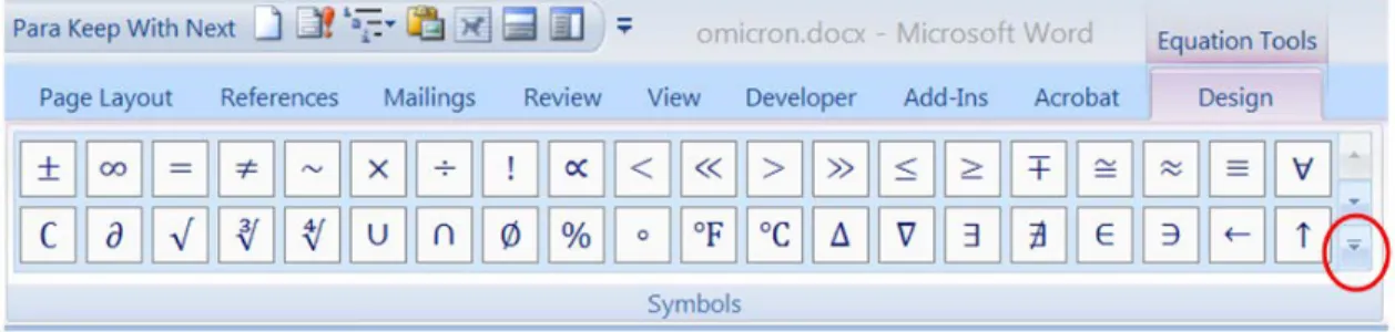 Figure 2: The Symbols group under the Design tab of “Equation Tools.” 