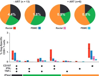 FIG. 3. Five-color, three-function analysis of HIV Gag-speciﬁc responses. This ﬁgure summarizes data for all 19 patients enrolled in phase IIof the study (Table 1)