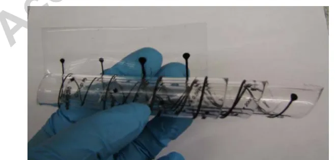 Fig. X: (a) Pressure sensor placed on outside of cell membrane. (b) With applied pressure, the distance between  metallization layers will vary, altering the capacitance of the sensor