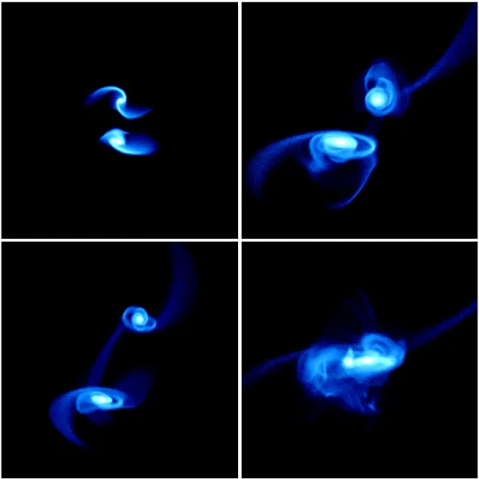 Figure 1-3: An N-body simulation of the Milky Way and Andromeda galaxy collision that will take place in 3 billion years [11].