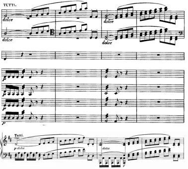 Figure 1.4: A second excerpt of Beethoven’s violin concerto where the top sevenlines are the orchestration and the bottom two are the piano arrangement.