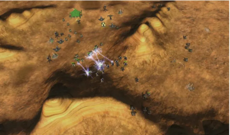 Fig. 2. Screenshot of the S PRING game environment. In the screenshot, the base on the top left is being attacked via a narrow cliff passage.