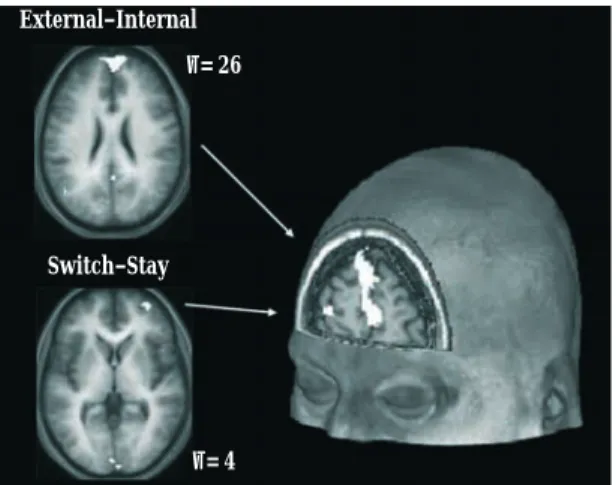 Fig. 9.3 Rostral brain regions identified as involved more in doing a task using  stimuli one can currently see rather than doing the same task in one’s head only (upper left-hand panel), and in switching between doing a task “in one’s head” and doing the 