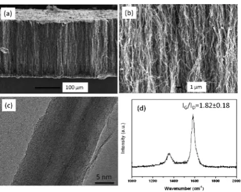 Fig. 1Cross-section SEM images of aligned carbon nanotube arrays (a,b), HRTEM image of the derived carbon nanotube (c) and Ramanspectrum of aligned carbon nanotubes (d).