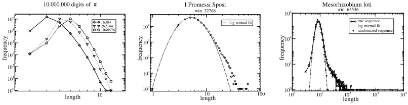 Fig. 1. Frequency-Length distributions for words in the dictionaries of diﬀerent 