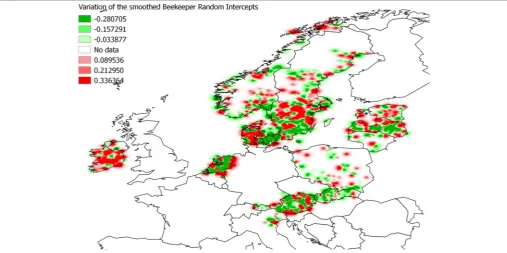 Fig. 2. Smoothed map showing the beekeeper level random intercepts in a binomial GLMM without any fixed factors for beekeeper risk of colony loss in European countries, for the 1 to 50 colony operations