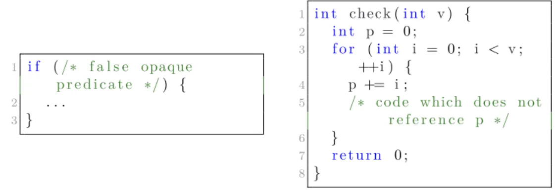 Figure 2.11. Unreachable code to the left, and useless code (the code that operates on p) to the right.