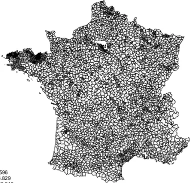 Figure 1: Geographical distribution of hog density at the county level in 2000. 