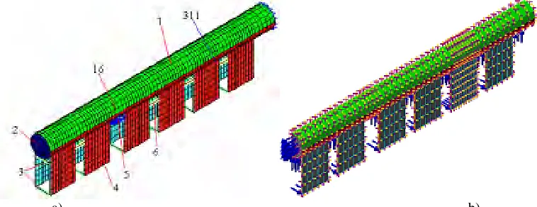 Fig. 2. The construction of one part of SDD: a – general view of SDD, b - cross-section of vertical steam nozzle and joining of the SDH with nozzles The connectors of the vertical steam nozzles were modeled using 3D beam elements developed by Belytschko, 