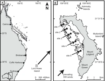 Figure 1. Map showing location of study sites. A. Map of the east coast of Australia showing the geographic location of Lord Howe Island.Map of Lord Howe Island, showing the location of the five sites used to quantify the benthic composition and herbivorou