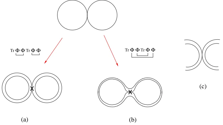 Figure 1: Two ways in which the double-trace operator: Tr(Φ2)Tr(Φ2) can be contracted using the vertexshown in (c).