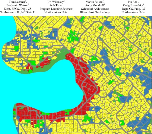 Figure 1: Vectorized output from our procedural city model at a three-mile width, showing residential (yellow), commercial (red), industrial (blue) and park (light green) development