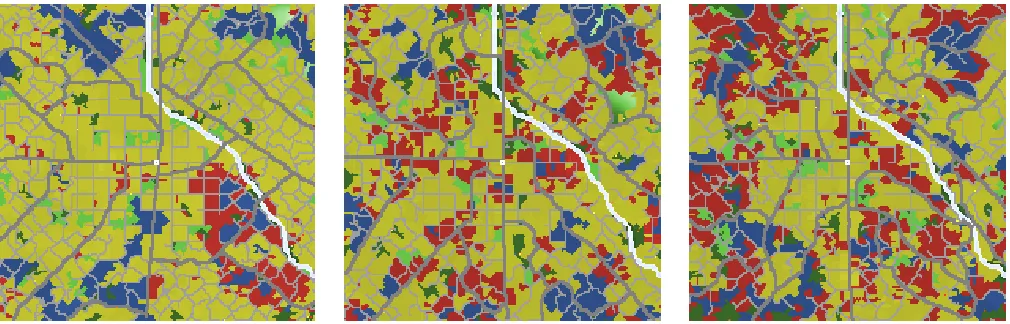 Figure 2: The artist increases red, commercial land use from left to right by manipulating the land cover constraints t