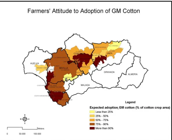 Figure 3. Percentage of cotton crop area where farmers are willing to adopt GM cotton in Andalusia  (by district)