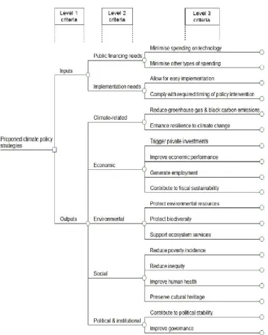 Figure 2: The generic criteria tree used for evaluating development-compatible climate policy action according to the MCA4climate methodological framework approach