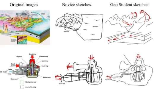 Fig. 7 Example sketches of a geoscience-related (water cycle; top row) and a nongeoscience causal diagram (blood pump for artificial heart; bottom row) from experiment 3