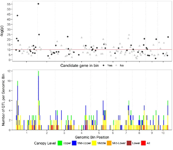 Fig. 4. Meta-analysis of quantitative trait loci (QTL) for leaf angle in maize. The maize genome was divided into 210 genomic bins of  approximately equal size (~10 Mb), and 325 nonredundant QTL were mapped to a genomic bin based on the physical position o