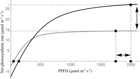 Figure  1.3:  Example  light  response  curves  from  a  sunlit  (high-light  acclimated; black line) versus shaded (low-light acclimated; grey line) leaf
