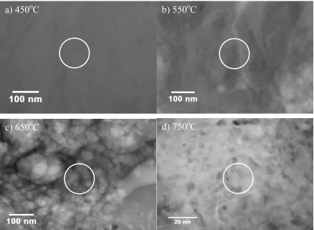 Figure 3- 15 Higher magnification cross sectional TEM images of coating area shown in Figure 3- 14-a) 450 oC sample, almost featureless; b) 550 oC sample, columnar grains; c) 650 oC sample, large polycrystalline grains; d) 750 oC sample, fine polycrystalli