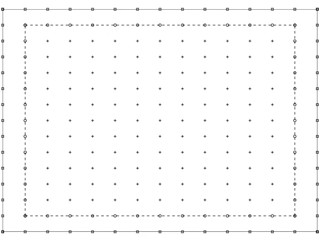 Figure 1: A problem domain and a typical discretisation. Legends square, circleand plus are used to denote the boundary nodes, the interior nodes next the bound-ary and the remaining interior nodes, respectively.
