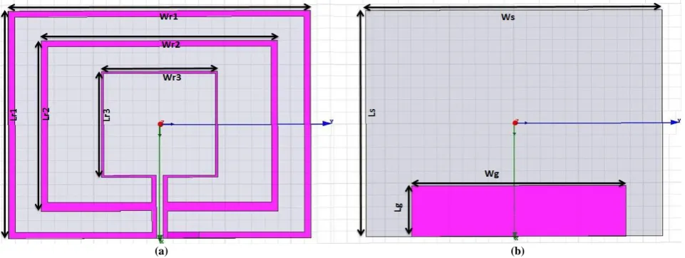 Figure 1 Geometry of triple band base antenna (a) Top-View (b) Bottom View  The dimensions and feed point location for proposed antenna have been optimized so as to get the best possible 