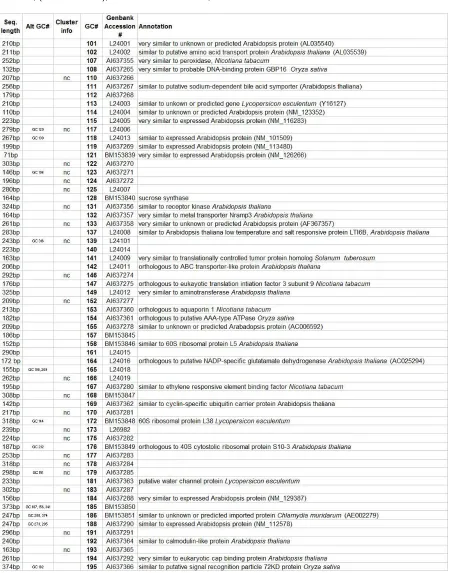 Table 1: Annotation of 186 distinct giant cell genes. Seq. length = clone sequence length; alt GC# = other GC#s that are the same gene, Cluster info = nc, no TIGR cluster determined for gene