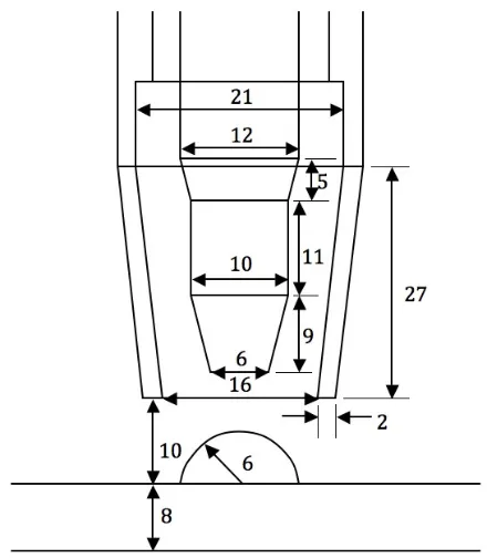 Figure 2: Nozzle and arc geometry generated in Gambit (units in mm) 