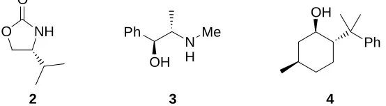 Figure 2 Chiral auxiliaries: Evan’s oxazolidone, pseudoephedrine and (-)-8-phenylmenthol 
