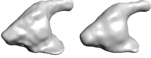 Fig.7.Reconstructionsoftheheadofthetoydinosaur.Left:recon-structionusingfulldataset(3173surfacepoints).Right:recon-structionusingasubsetofavailabledata(477surfacepoints).