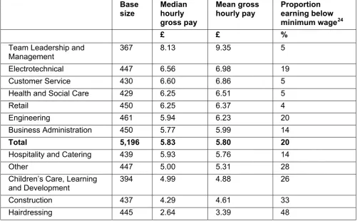Table 3.6: Median and Mean wage and proportion below minimum wage by framework in England  