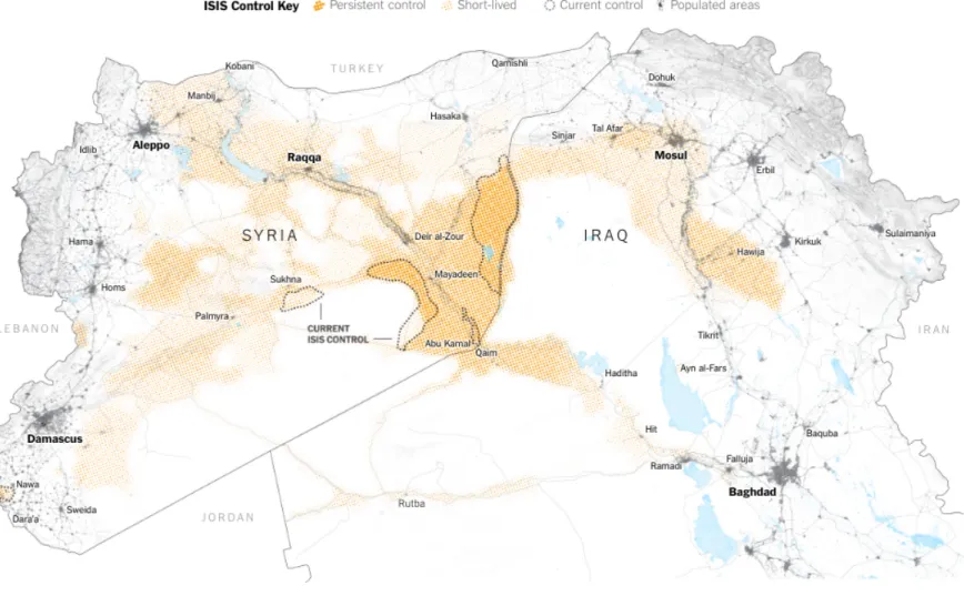 Figure 1: A map of territory in Iraq and Syria that is currently or was formerly controlled by ISIL