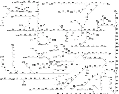 Figure 3.—The estimated total haplotype network under the null hypothesis of no recombination or gene conversion.Haplotypes are indicated by a number followed by one or more letters indicating the populations in which that particularhaplotype was present (