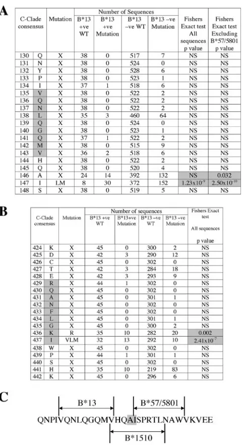 FIG. 4. Mutations in Gag associated with HLA-B*13. (A) Compar-isons of numbers of variations from the consensus for p24 VQN