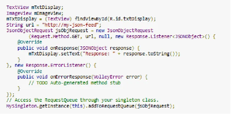 Fig 5: Code snippet to fetch a JSON feed and displays it as text. [9]  