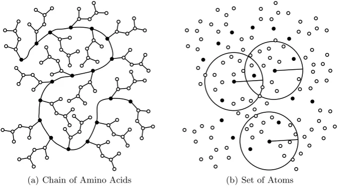 Fig. 1. Simpliﬁed representations of a protein.atoms are hollow. Microenvironment spheres are deﬁned around each of the α-carbons are black and the side chain α-carbons(three are shown).