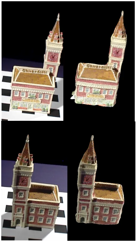 Figure 4. Actual images of the Ghiradelli sou-venir model (left), and reconstructed modelrendered at the same camera viewpoints(right).