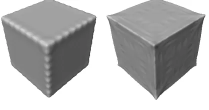 Figure 1. Isotropic (left) and anisotropic(right) reconstructions of a synthetic cube5from 770 point samples using values ofÆ=:0 and�=0:05.