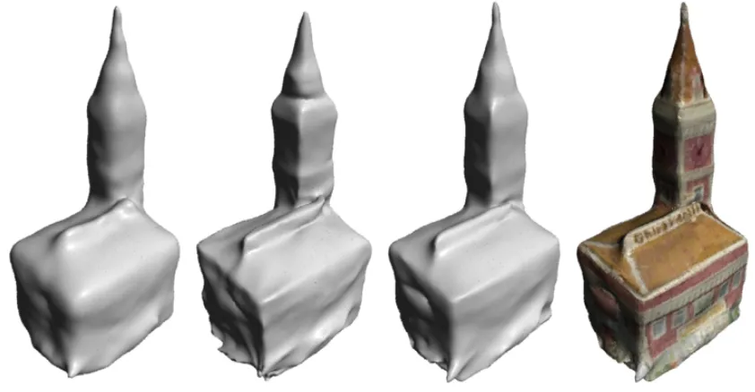 Figure 5. Comparison of reconstructions using isotropic basis (ﬁrst), using anisotropic basis withoutadditional tensor ﬁeld ﬁltering (second), using anisotroipic basis with additional tensor ﬁlteringpoints at an edge or corner, and(third), and the ﬁnal tex