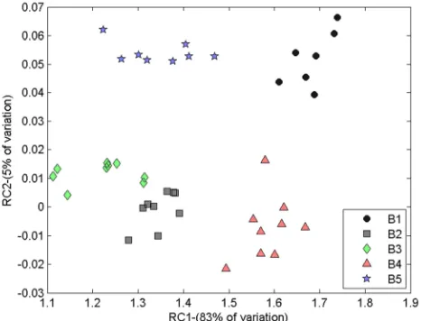 Figure 4: The effect of clustering in the projection of the experiments onto RC-1 vs. RC-2 