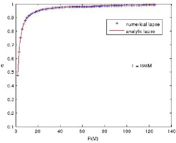 Figure 2.3:Comparison of analytic lapse to numerical lapse on coarsest reﬁnement level att = 198M