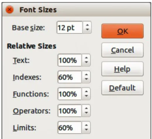 Figure 9: Font Sizes dialog Default formula font size