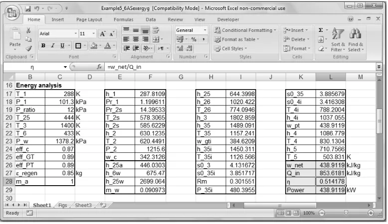 Fig. 2. Excel sheet for the ERGT cycle – energy analysis  