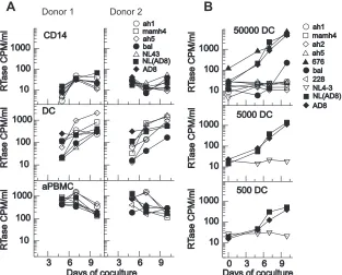 FIG. 4. Productive infection and viral transfer by DCs. The frequency of infection and efﬁciency of transfer of HIV-1 from DCs to T cells wasdetermined using HIV-1-infected DCs cocultured with T cells