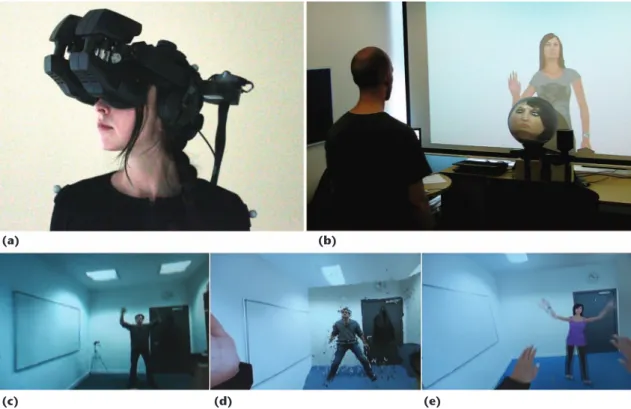Figure 3. The Beaming acting scenario. (a) The visitor actor wears a head-mounted display and a motion-tracking  suit