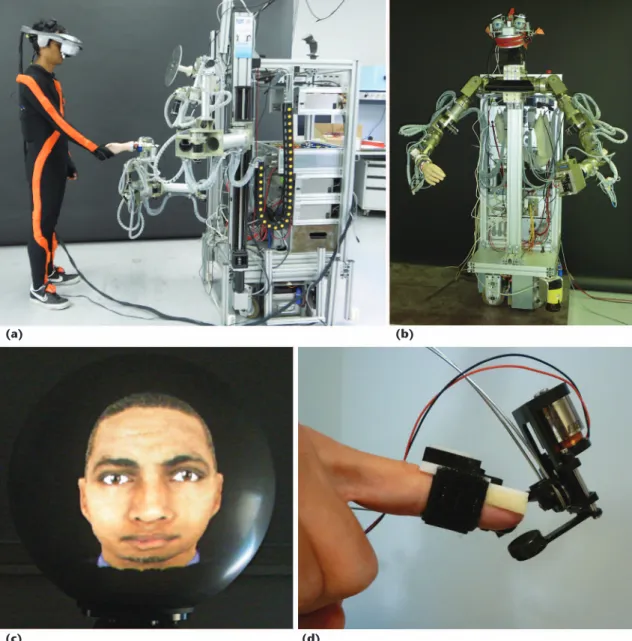 Figure 4. Beaming technologies in development. (a) A visitor interacting with an encountered-type haptic  device that mimics the form of the destination and the locals’ interactions