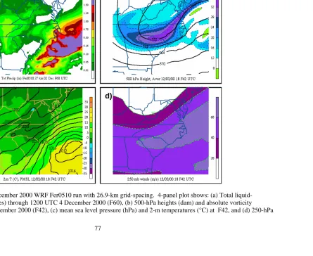 Figure 3.17.  0000 UTC 2 December 2000 WRF Fer0510 run with 26.9-km grid-spacing.  4-panel plot shows: (a) Total liquid- equivalent precipitation (inches) through 1200 UTC 4 December 2000 (F60), (b) 500-hPa heights (dam) and absolute vorticity  (x10-5 s-1)