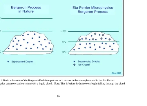 Figure 1.1. Basic schematic of the Bergeron-Findeisen process as it occurs in the atmosphere and in the Eta Ferrier  microphysics parameterization scheme for a liquid cloud
