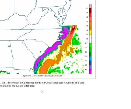 Figure 2.2.  SST differences (°C) between modified CoastWatch and Reynolds SST data  after interpolation to the 12-km WRF grid